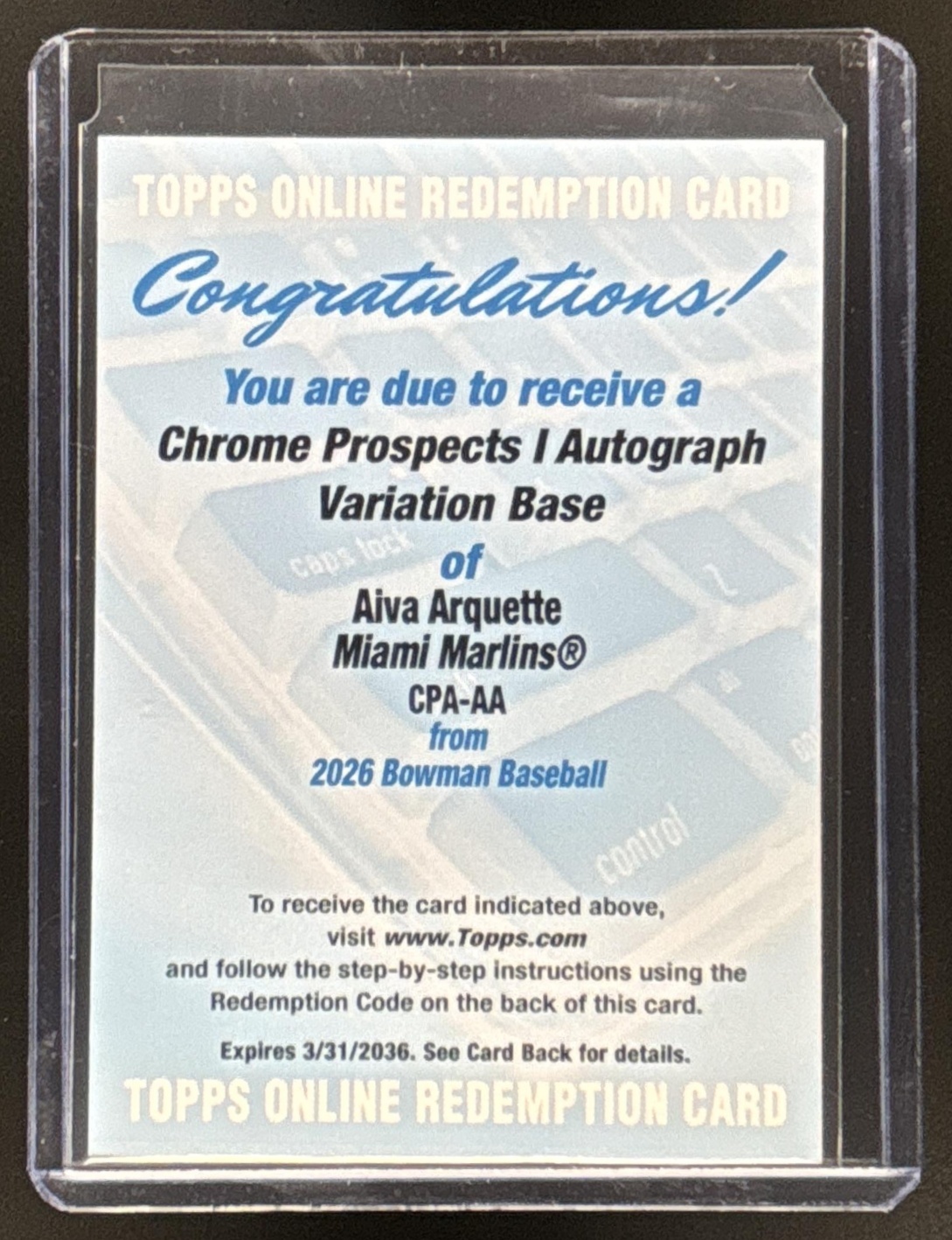 Card image for Aiva Arquette 2026 Bowman Chrome Prospect Auto Miami Marlins