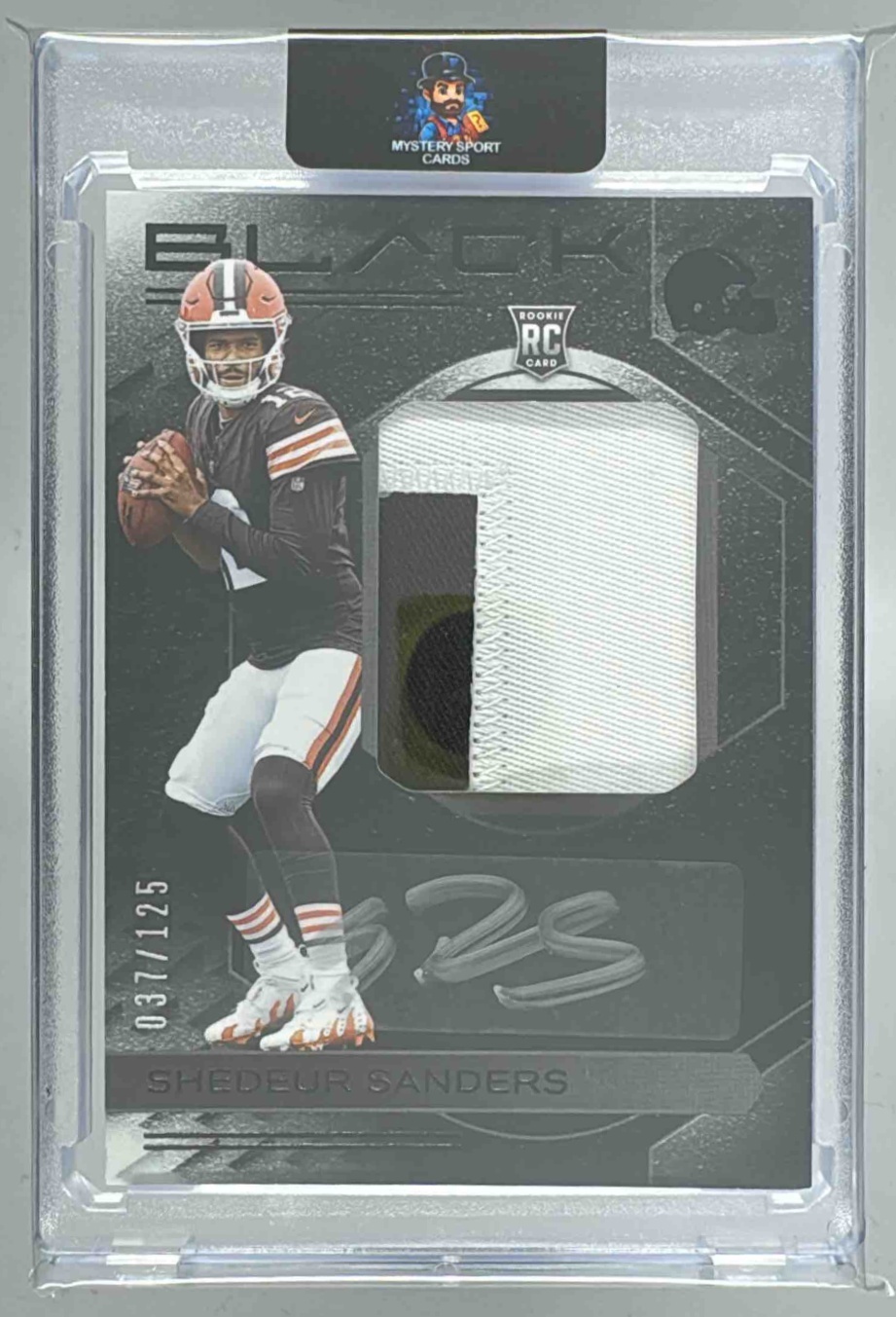 Card image for 2025 Panini Black Shedeur Sanders Rookie Patch Auto /125 #RKPA-SSS MEM RC Browns