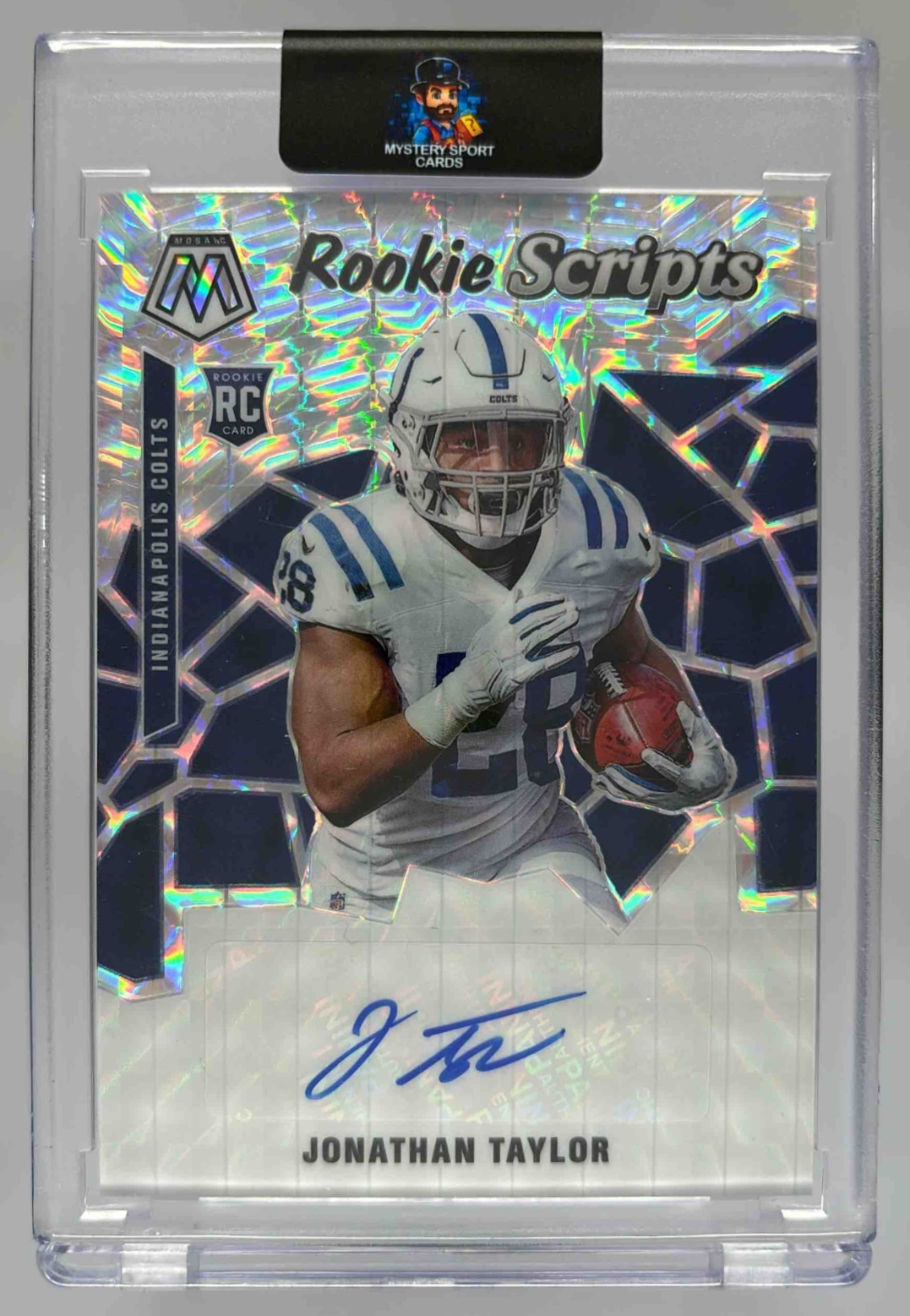 Card image for 2020 Panini Mosaic Jonathan Taylor Rookie Scripts #RS16 RC Auto Colts