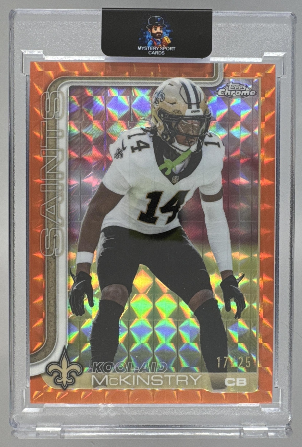 Card image for 2025 Topps Chrome Kool-Aid McKinstry Orange Geometric Refractor /25 #224 Saints