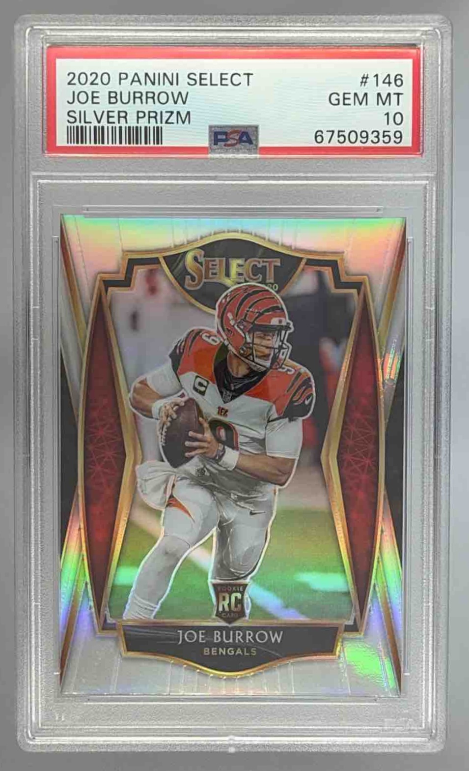 Card image for 2020 Panini Select Joe Burrow Silver Prizm #146 RC Premier Level Bengals