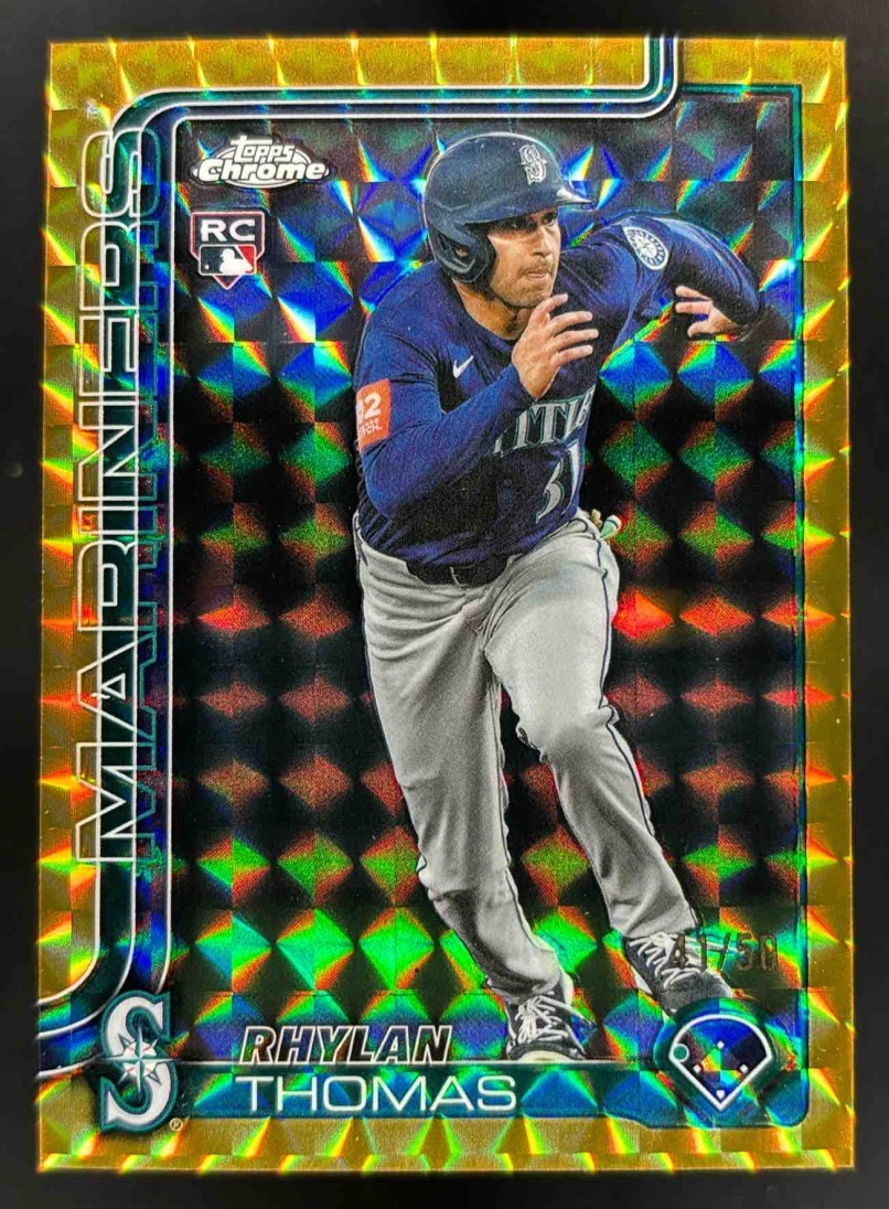 Card image for 2025 Topps Chrome Update Rhylan Thomas Gold Geometric Refractor /50 RC
