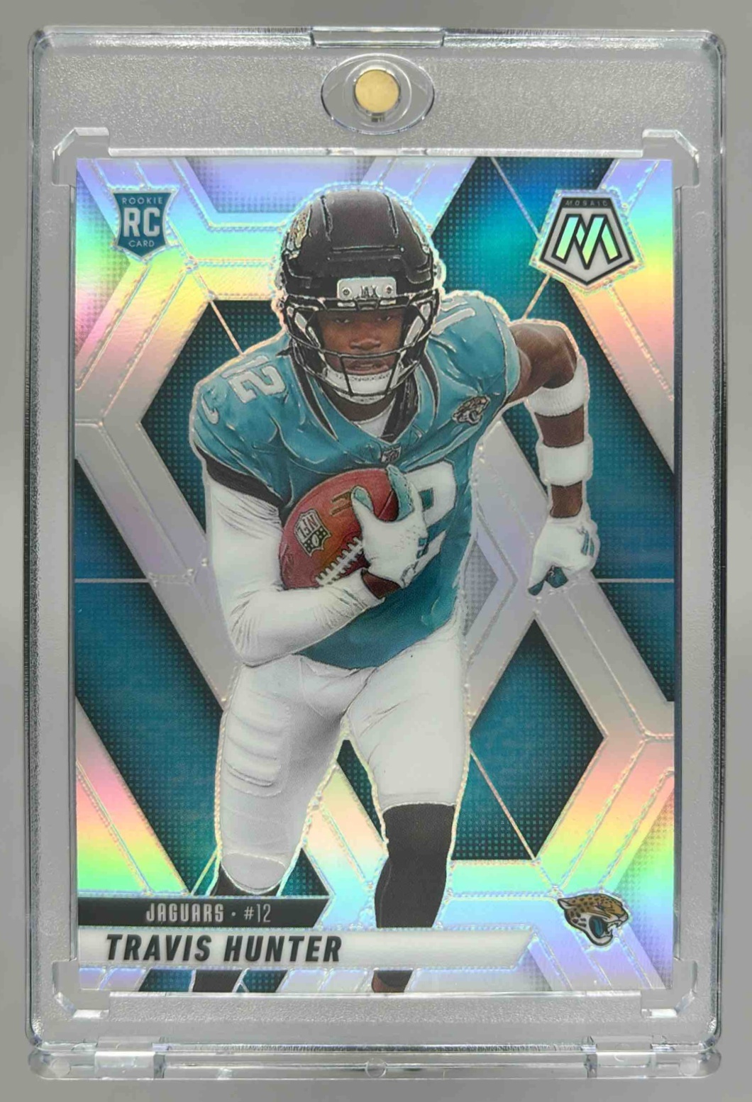 Card image for 2025 Panini Mosaic Travis Hunter Rookies Silver Prizm #301 RC Jaguars