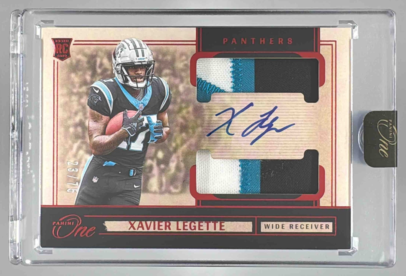 Card image for 2024 Panini One Xavier Legette Rookie Dual Patch Auto Red /75 #36 MEM RC Panthers