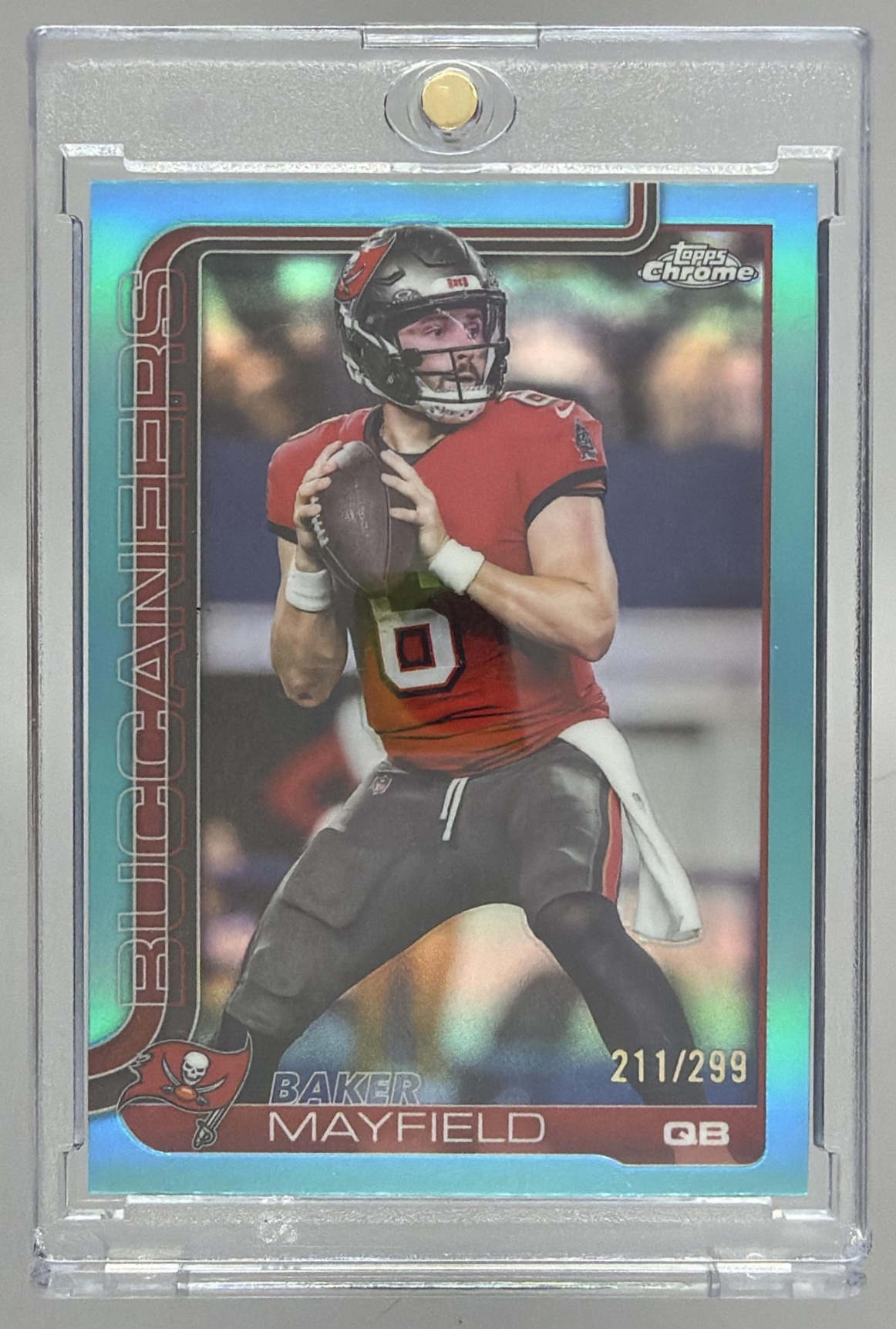 Card image for 2025 Topps Chrome Baker Mayfield Teal Refractor /299 #281 Buccaneers