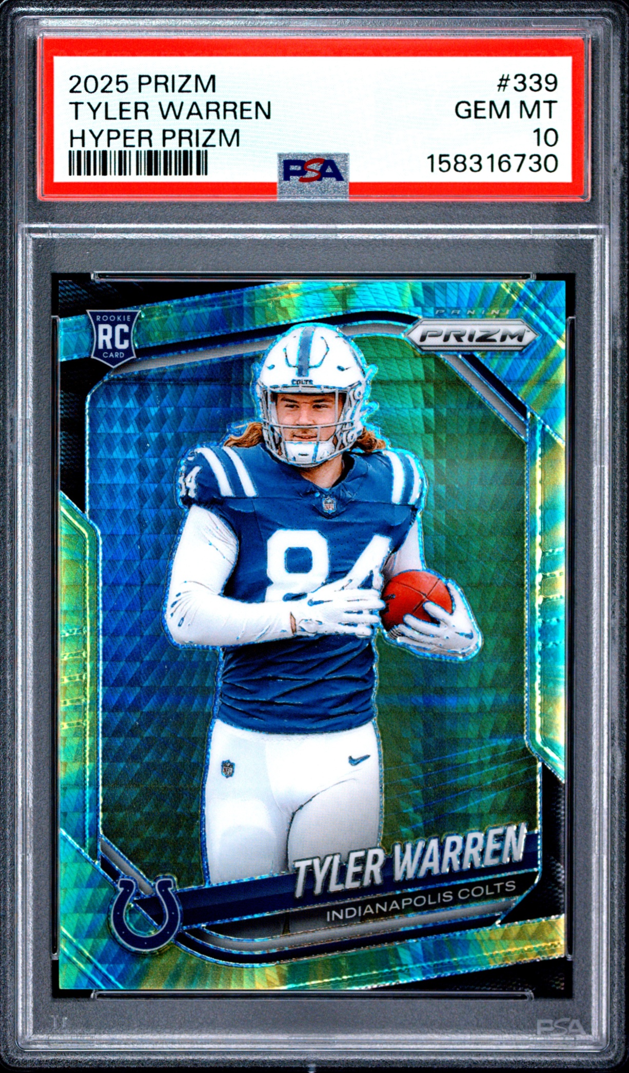 Card image for 2025 Panini Football Prizm Tyler Warren Hyper /200 #339 RC Indianapolis Colts PSA 10