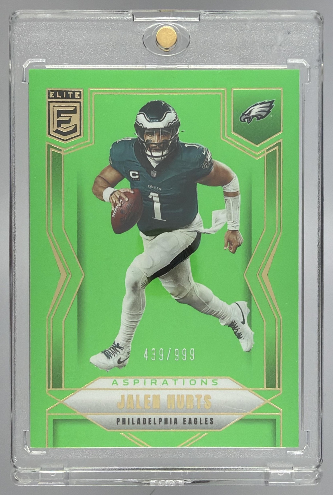 Card image for 2025 Panini Donruss Elite Jalen Hurts Aspirations Lime Green /999 #22 Eagles