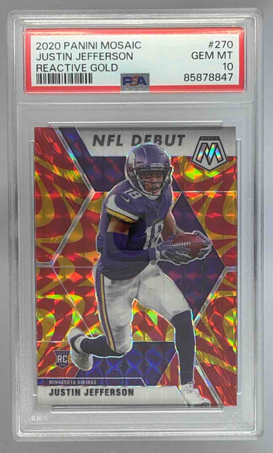 Card image for 2020 Panini Mosaic Justin Jefferson Prizm Reactive Gold #270 RC Vikings