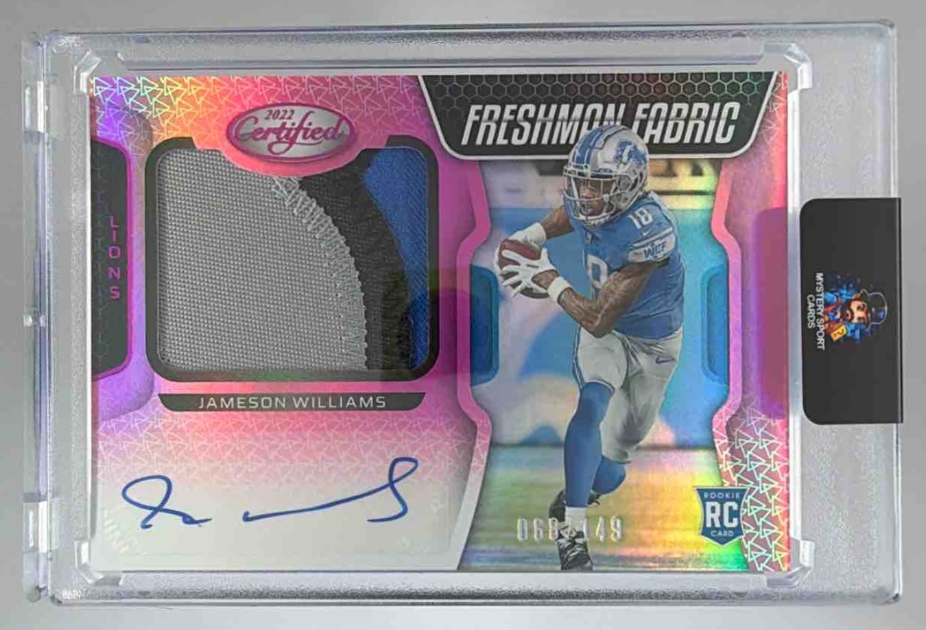 Card image for 2022 Panini Certified Jameson Williams Mirror Pink /149 #216 MEM Auto RC Freshman Fabric Lions