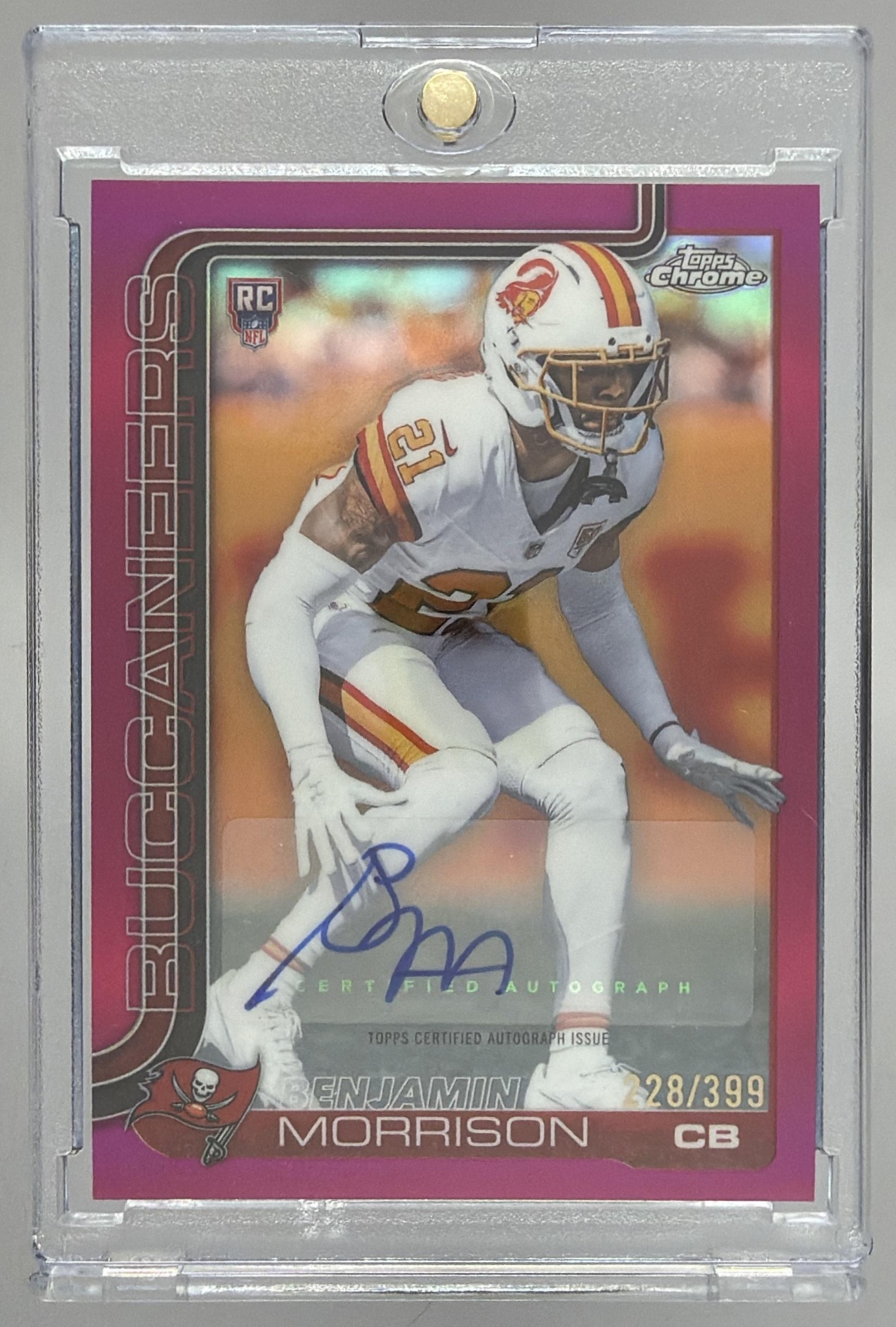 Card image for 2025 Topps Chrome Benjamin Morrison Rookie Auto Magenta Refractor /399 #RA-BM RC Buccaneers