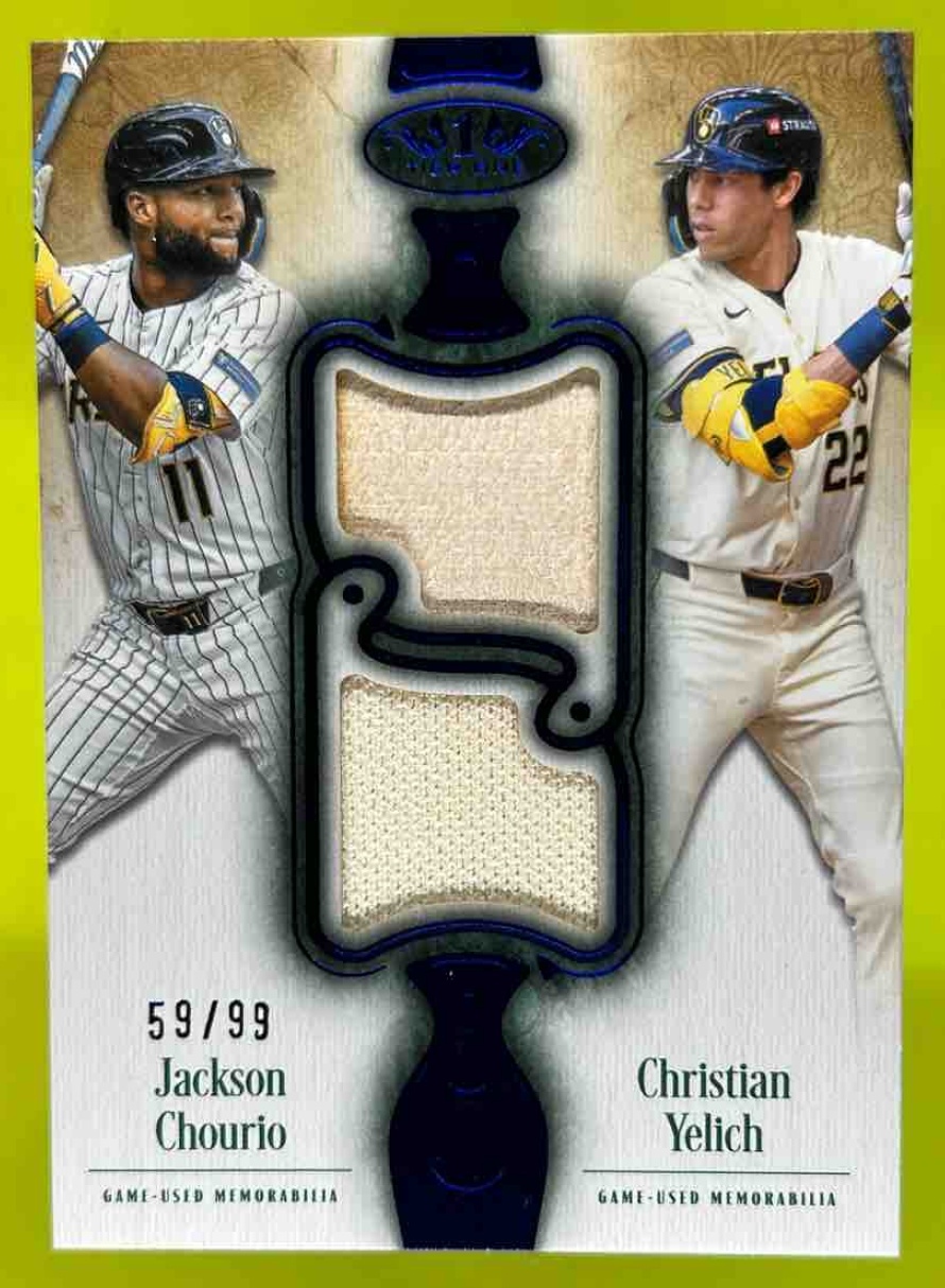 Card image for Jackson Chourio Christian Yelich 2026 Topps Tier One Dual Relic Blue Foil /99