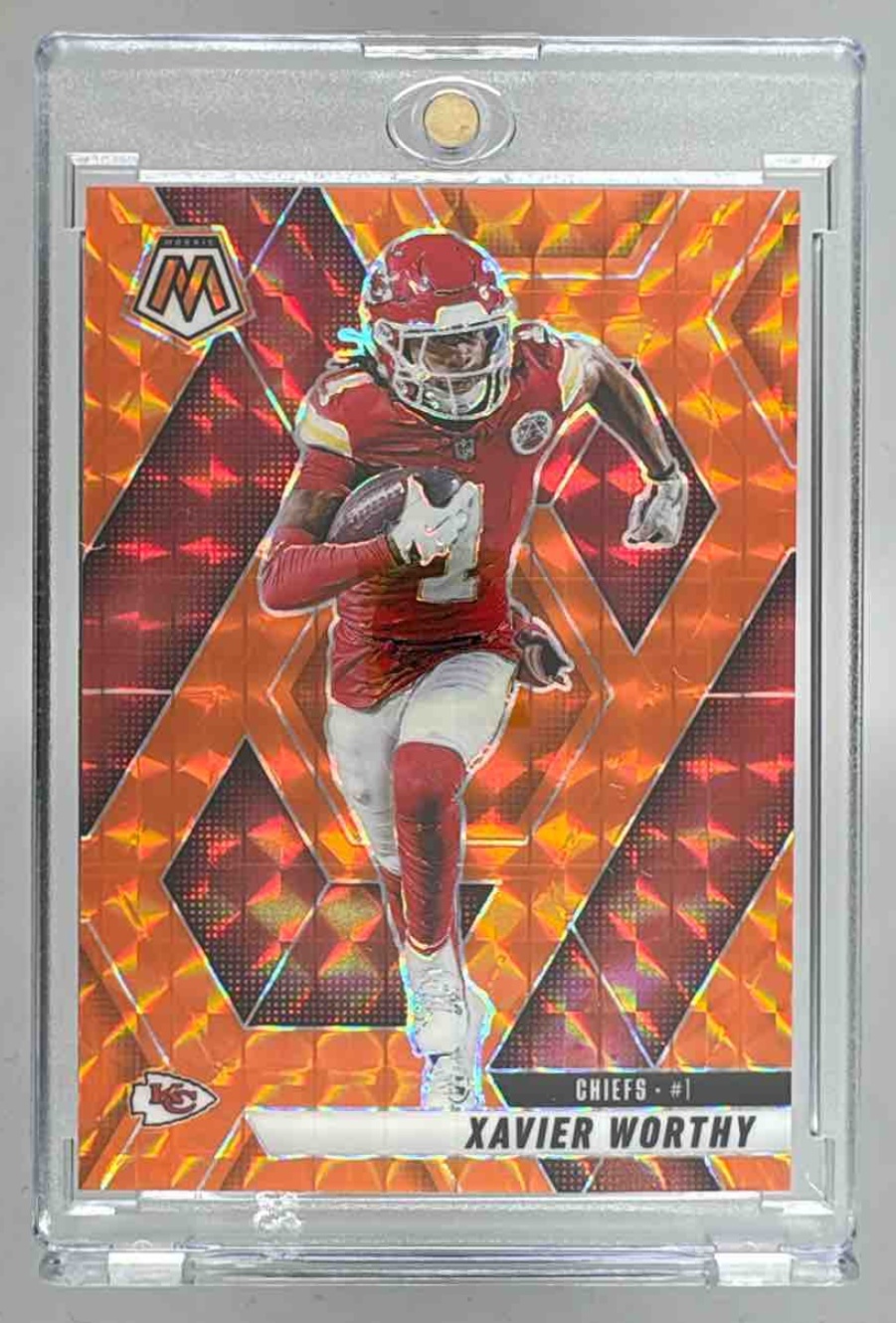 Card image for 2025 Panini Mosaic Xavier Worthy Orange Prizm /199 #184 Chiefs