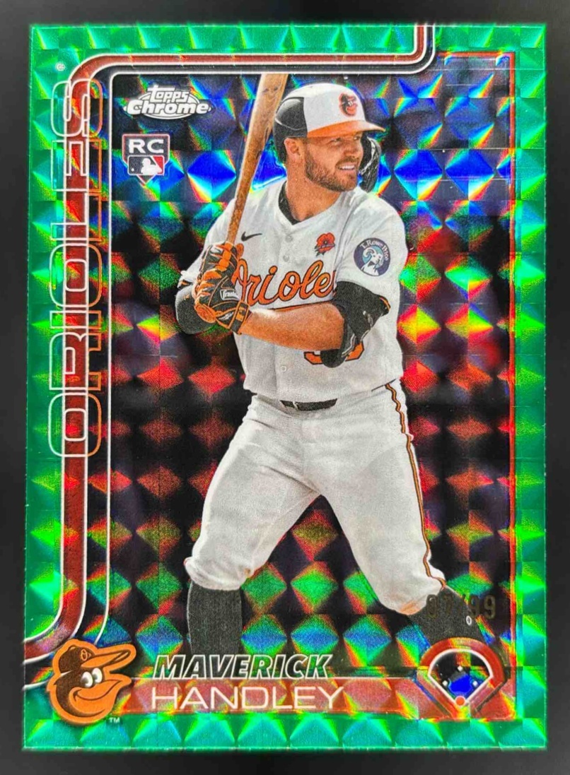 Card image for 2025 Topps Chrome Update Maverick Handley Green Geometric Refractor /99 RC