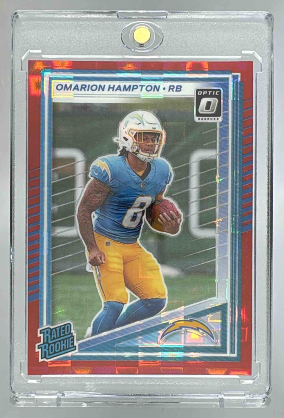 Card image for 2025 Panini Donruss Omarion Hampton Optic Rated Rookie Preview Red Pandora #303 RC Chargers
