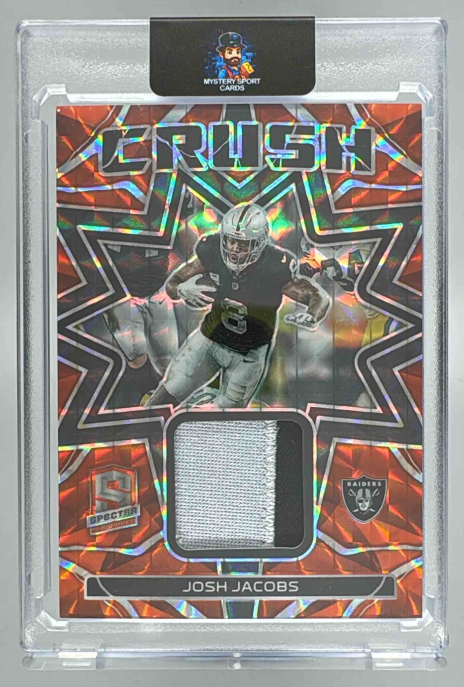 Card image for 2023 Panini Spectra Josh Jacobs Crush Neon Orange /10 #CRU-JJA MEM Raiders