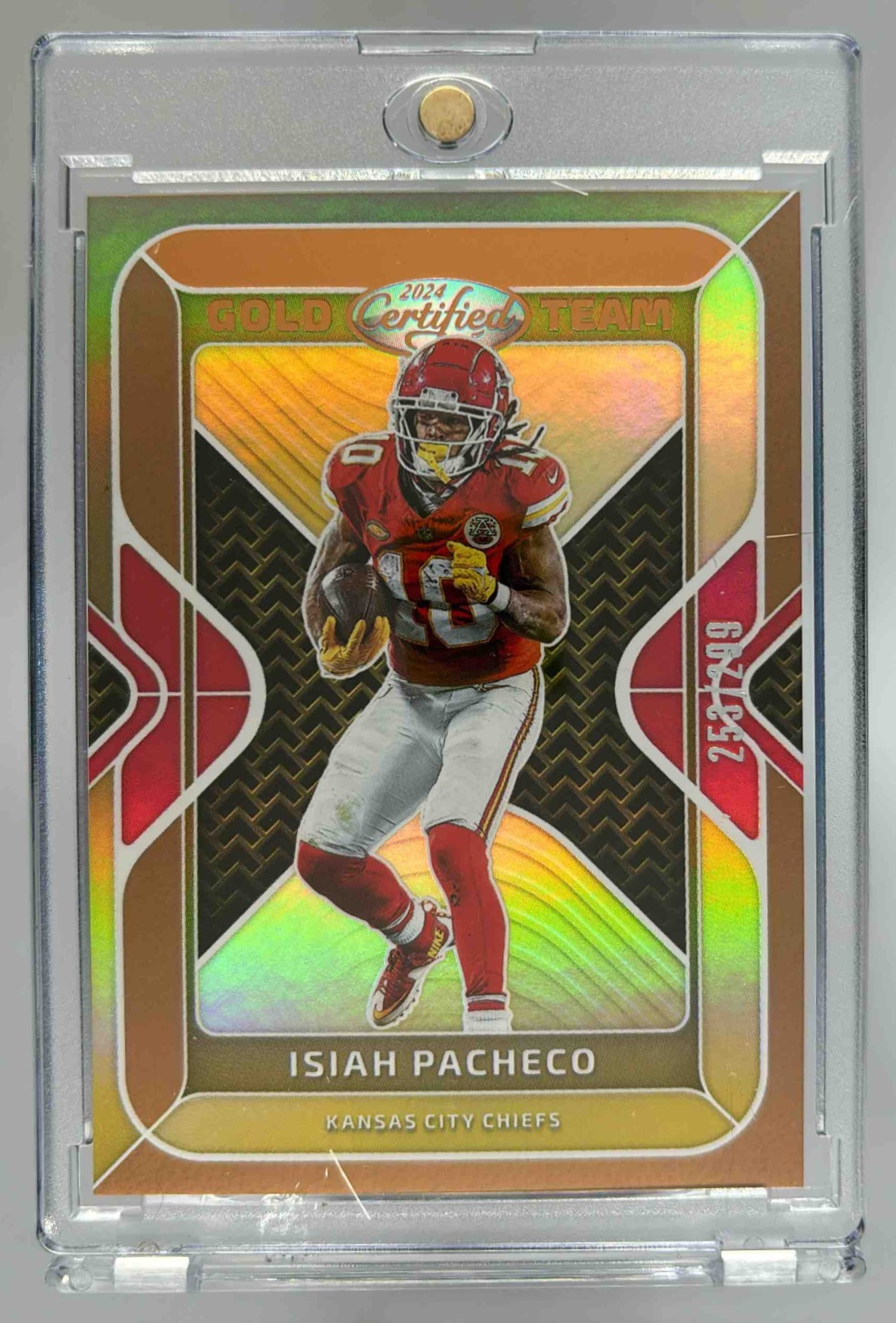 Card image for 2024 Panini Certified Isiah Pacheco Gold Team Bronze Mirror /299 #GT-IPC Chiefs