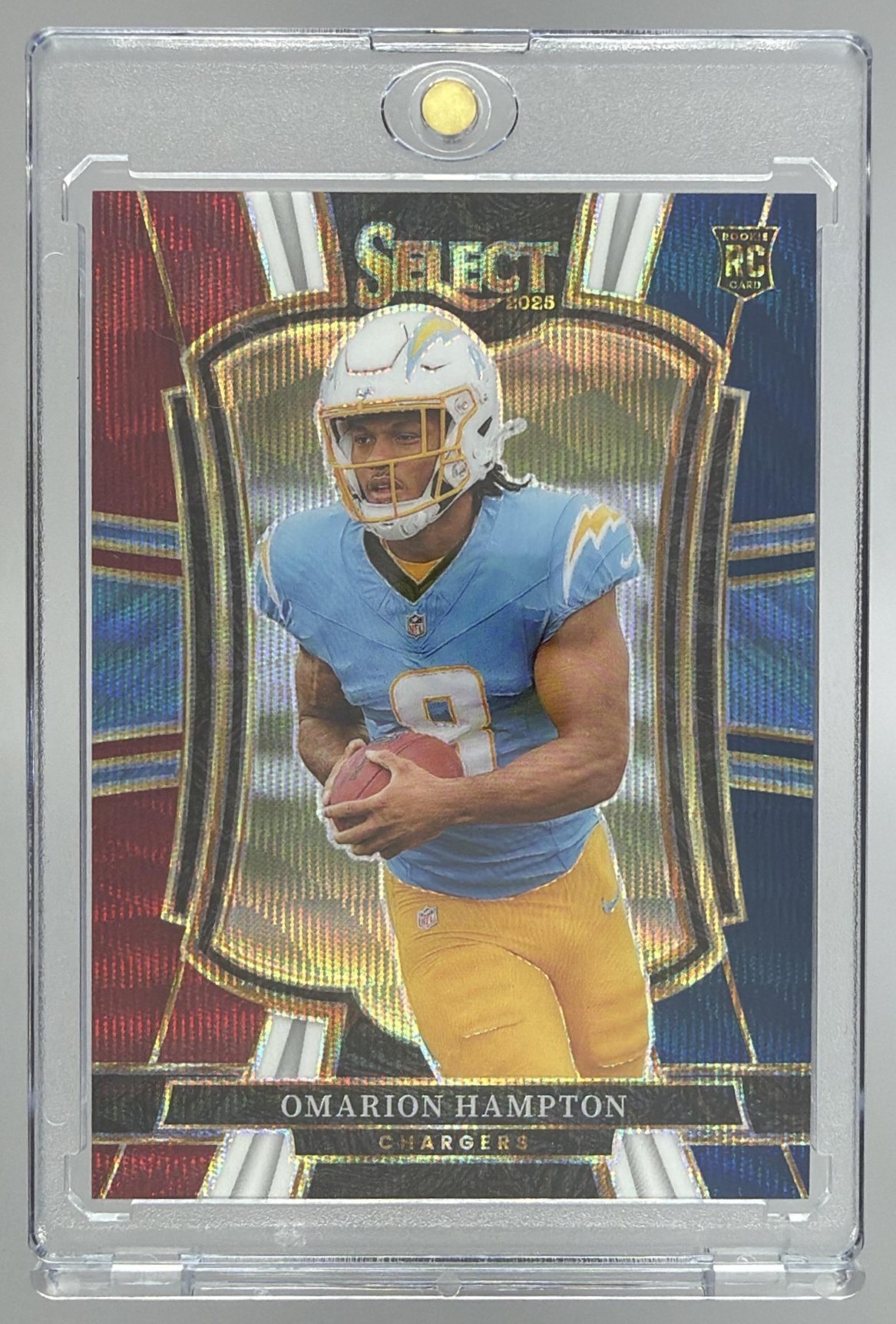 Card image for 2025 Panini Select Omarion Hampton Premier Level Tri-Color Prizm /299 #102 RC Chargers