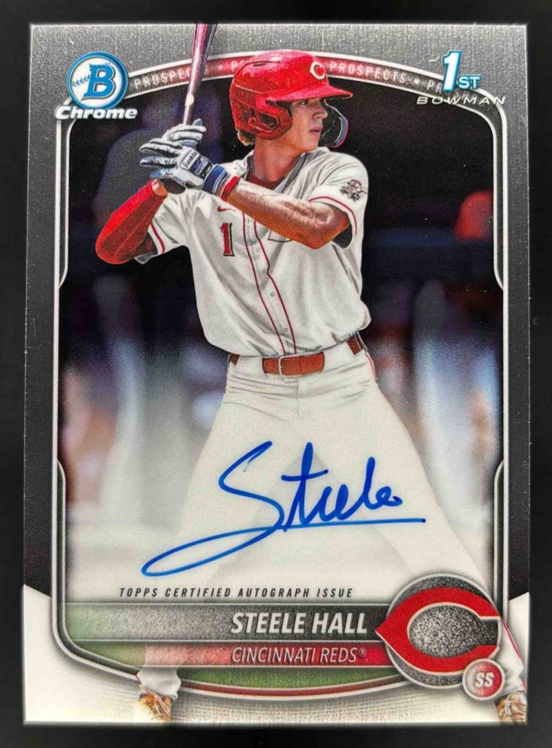 Card image for 2025 Bowman Draft Steele Hall Chrome Prospect Auto #CPA-SHA Reds