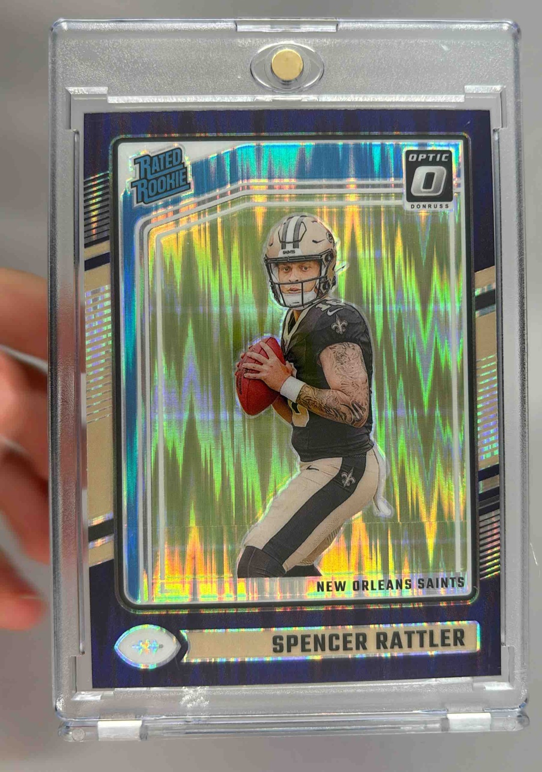 Card image for 2024 Panini Donruss Optic Spencer Rattler Purple Shock #289 Rated Rookie Saints