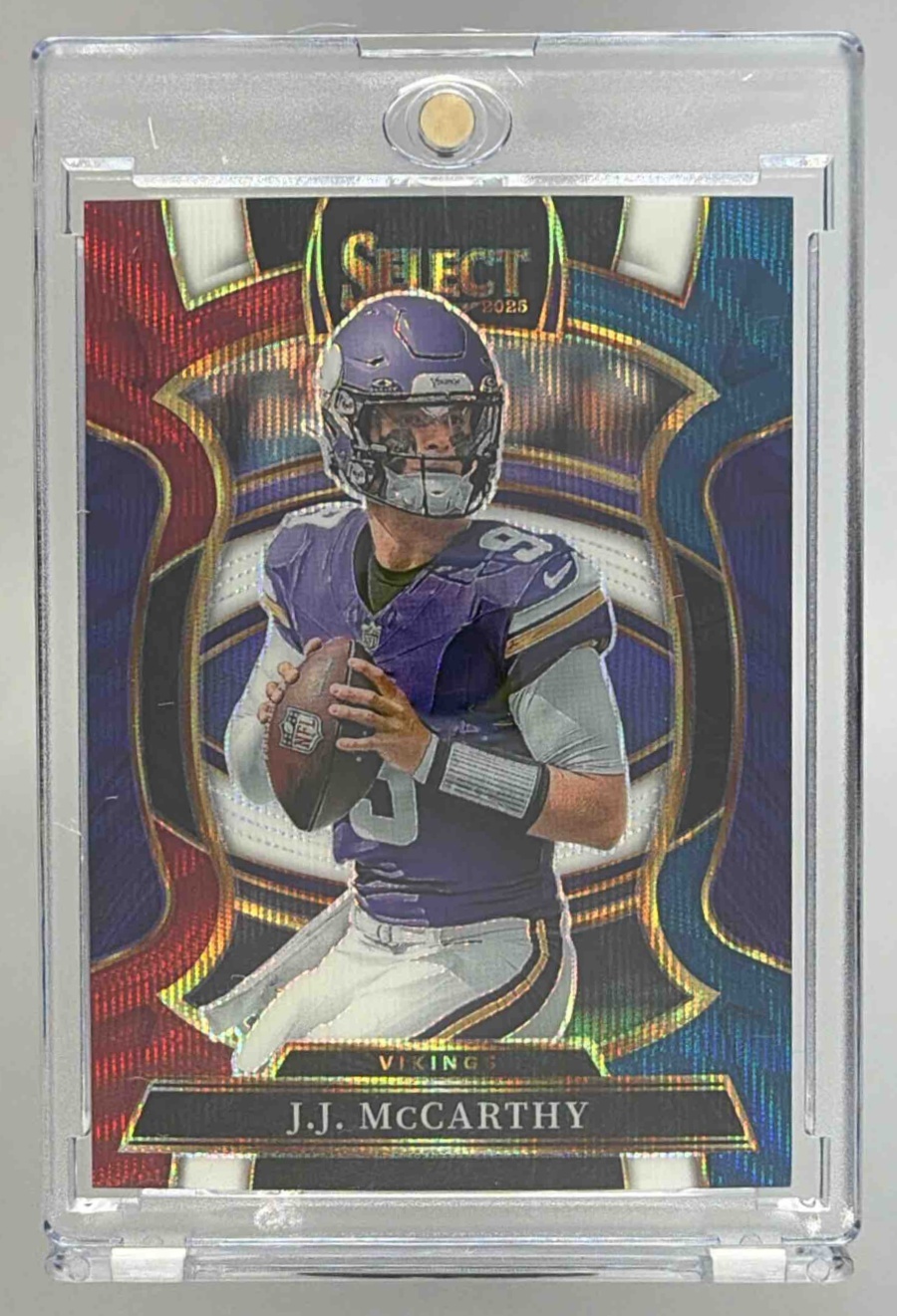 Card image for 2025 Panini Select J.J. McCarthy Concourse Tri-Color Prizm /399 #63 Vikings