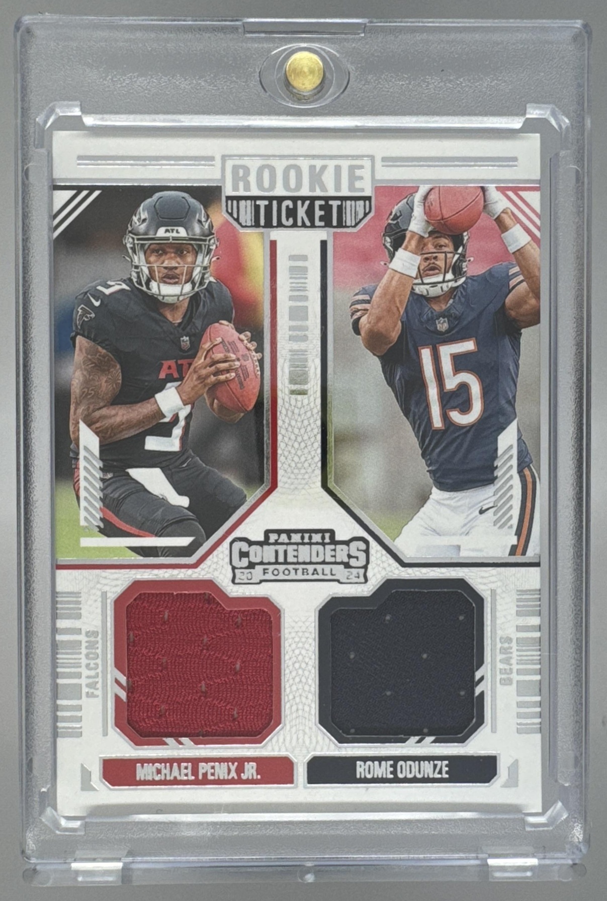 Card image for 2024 Panini Contenders Rome Odunze Michael Penix Jr. Rookie Ticket Dual Swatches #DS-3 MEM RC