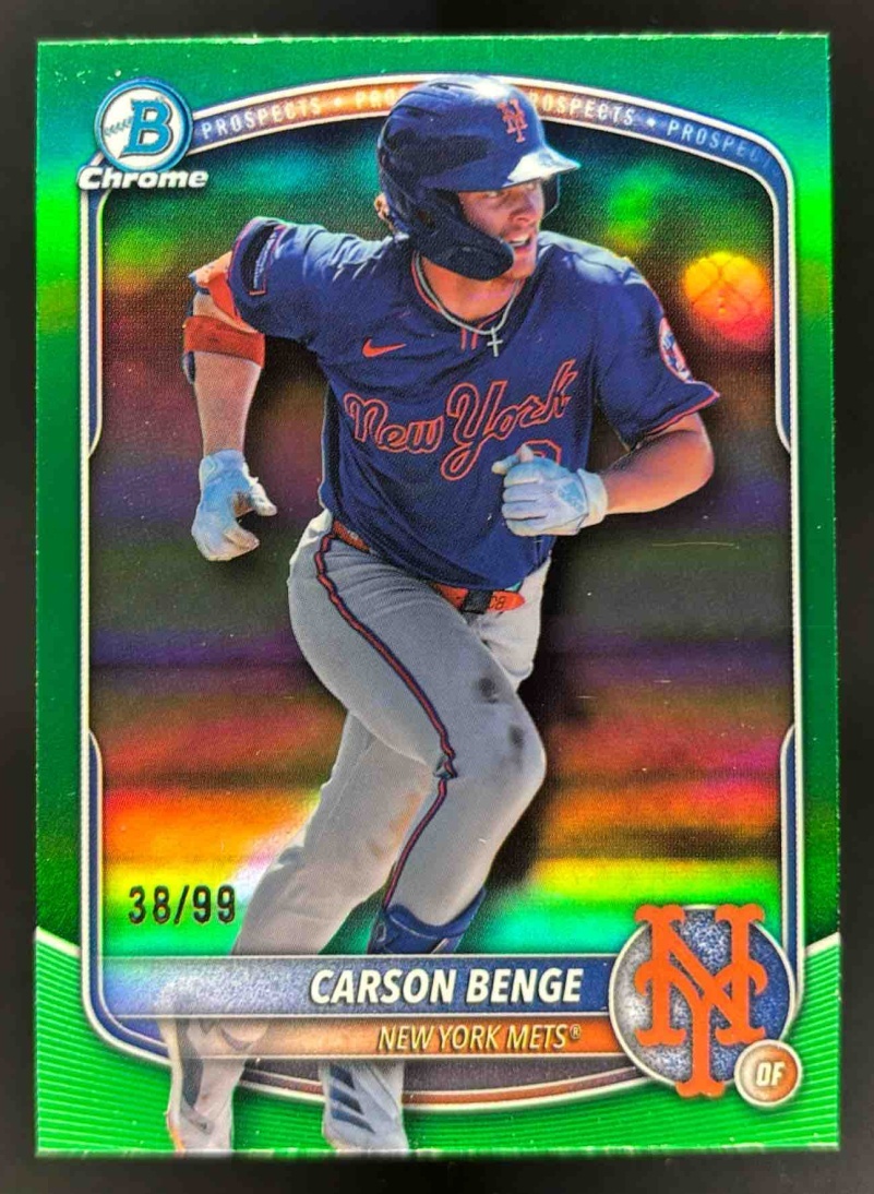 Card image for 2025 Bowman Draft Carson Benge Chrome Green Refractor /99 #BDC-138 Mets