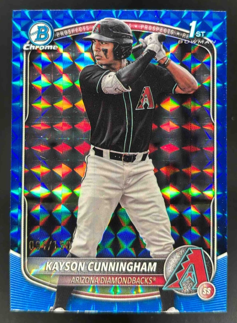 Card image for 2025 Bowman Draft Kayson Cunningham Chrome Blue Geometric Refractor /150 1st