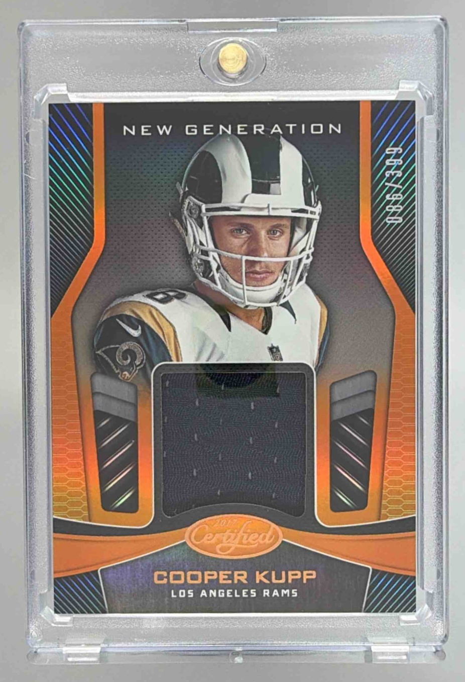 Card image for 2017 Panini Certified Cooper Kupp New Generation Jerseys Mirror Orange /399 #NG-CK RC Rams