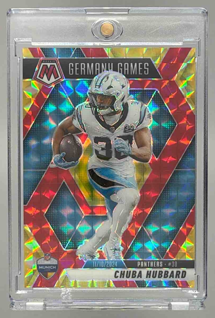 Card image for 2025 Panini Mosaic Chuba Hubbard International Games Choice Fusion Red & Yellow Prizm /89 #260 Panthers