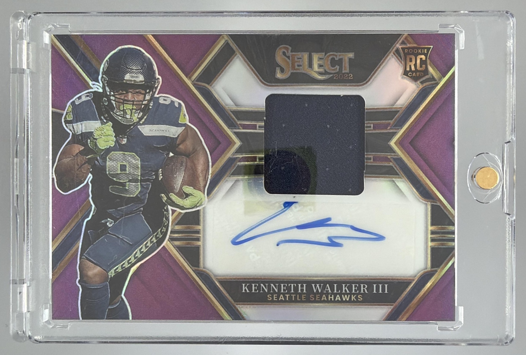 Card image for 2022 Panini Select Kenneth Walker III Rookie Signature Memorabilia Purple Prizm /49 #RSM-KW MEM Auto RC Seahawks