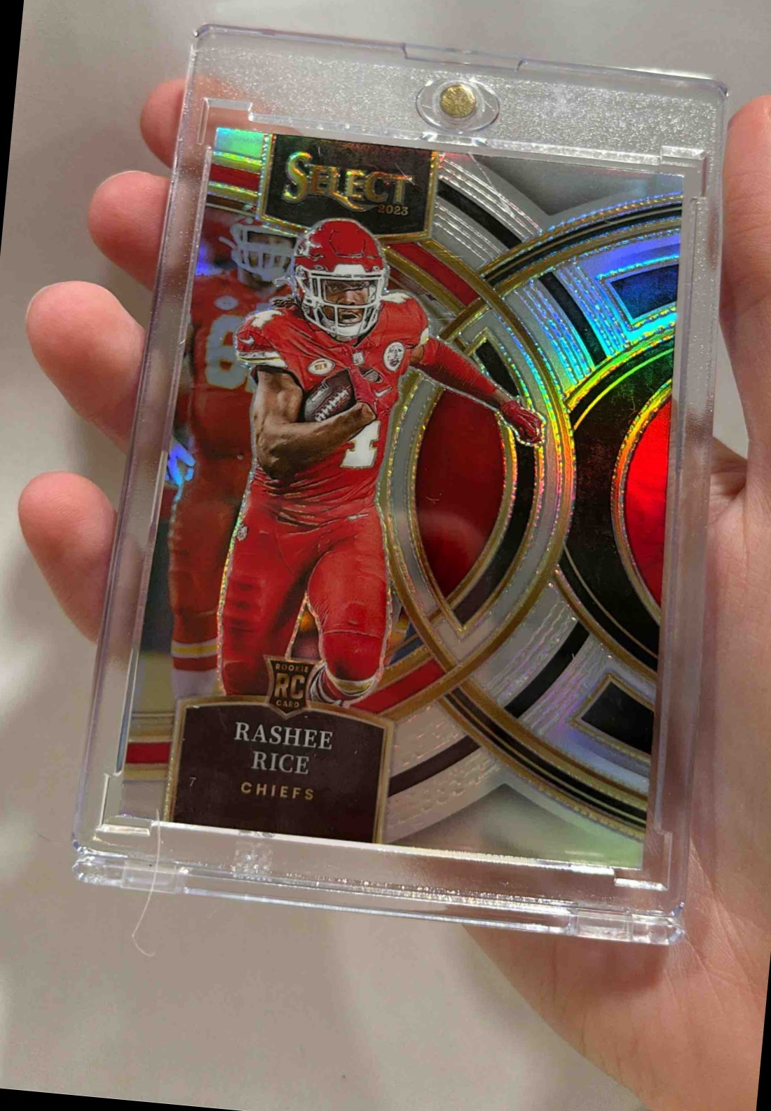Card image for 2023 Panini Select Rashee Rice Red and Yellow Prizms Die Cut #132 RC Premier Chiefs