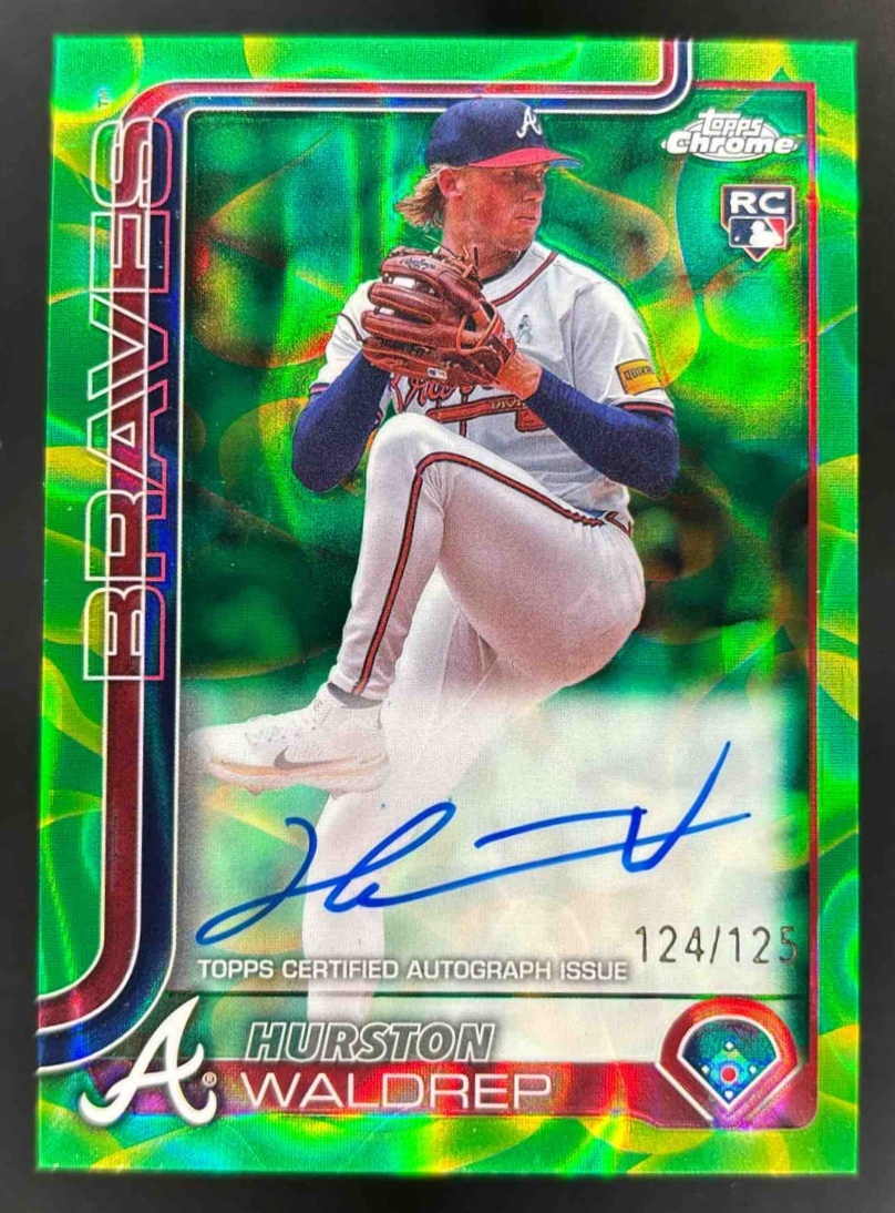 Card image for 2025 Topps Chrome U Hurston Waldrep Lava Lamp Auto Green/Yellow Refractor /125