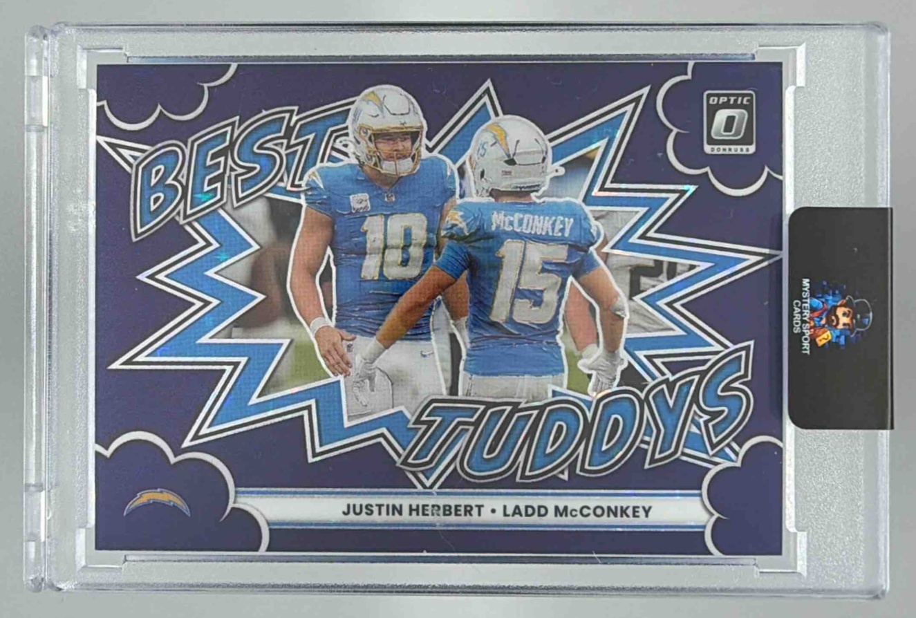 Card image for 2025 Panini Donruss Optic Justin Herbert Ladd McConkey Best Tuddys Purple Stars Prizm /25 #16 Chargers