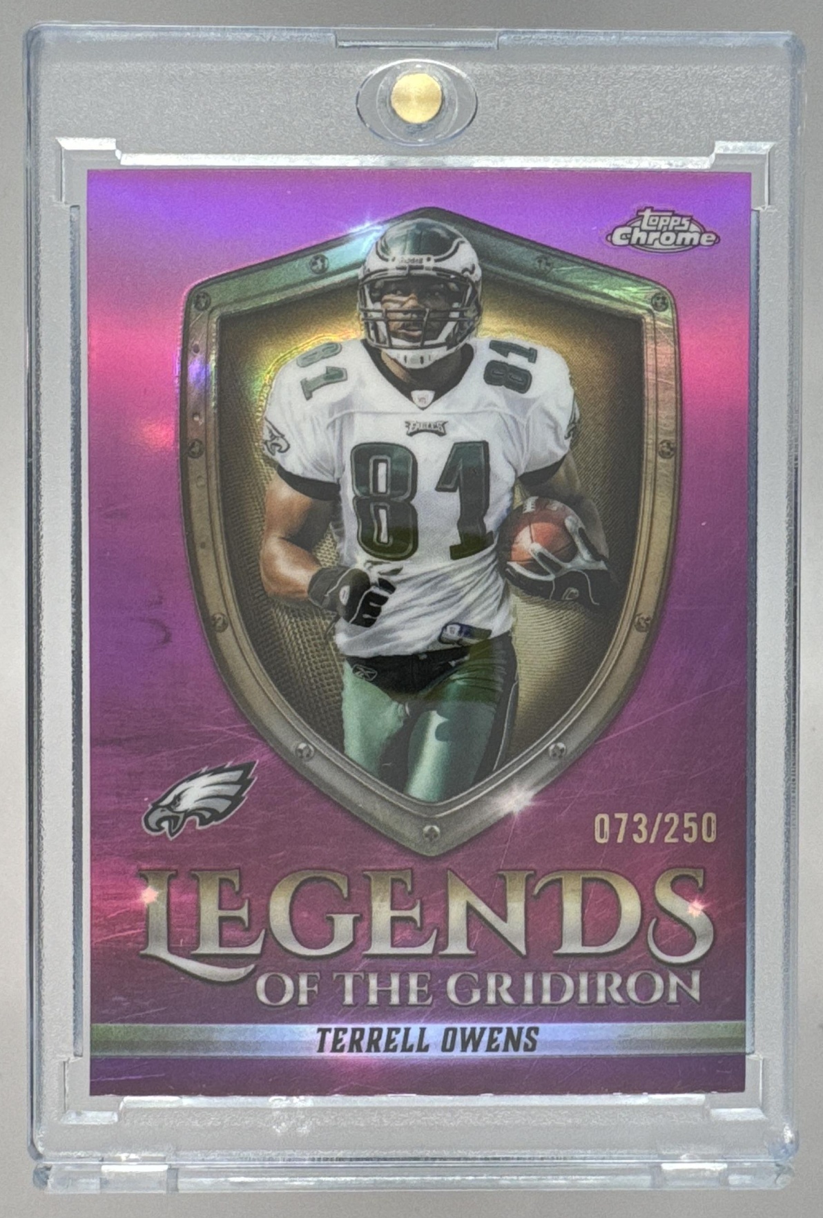 Card image for 2025 Topps Chrome Terrell Owens Legends of the Gridiron Pink Refractor /250 #LOG-20 Eagles