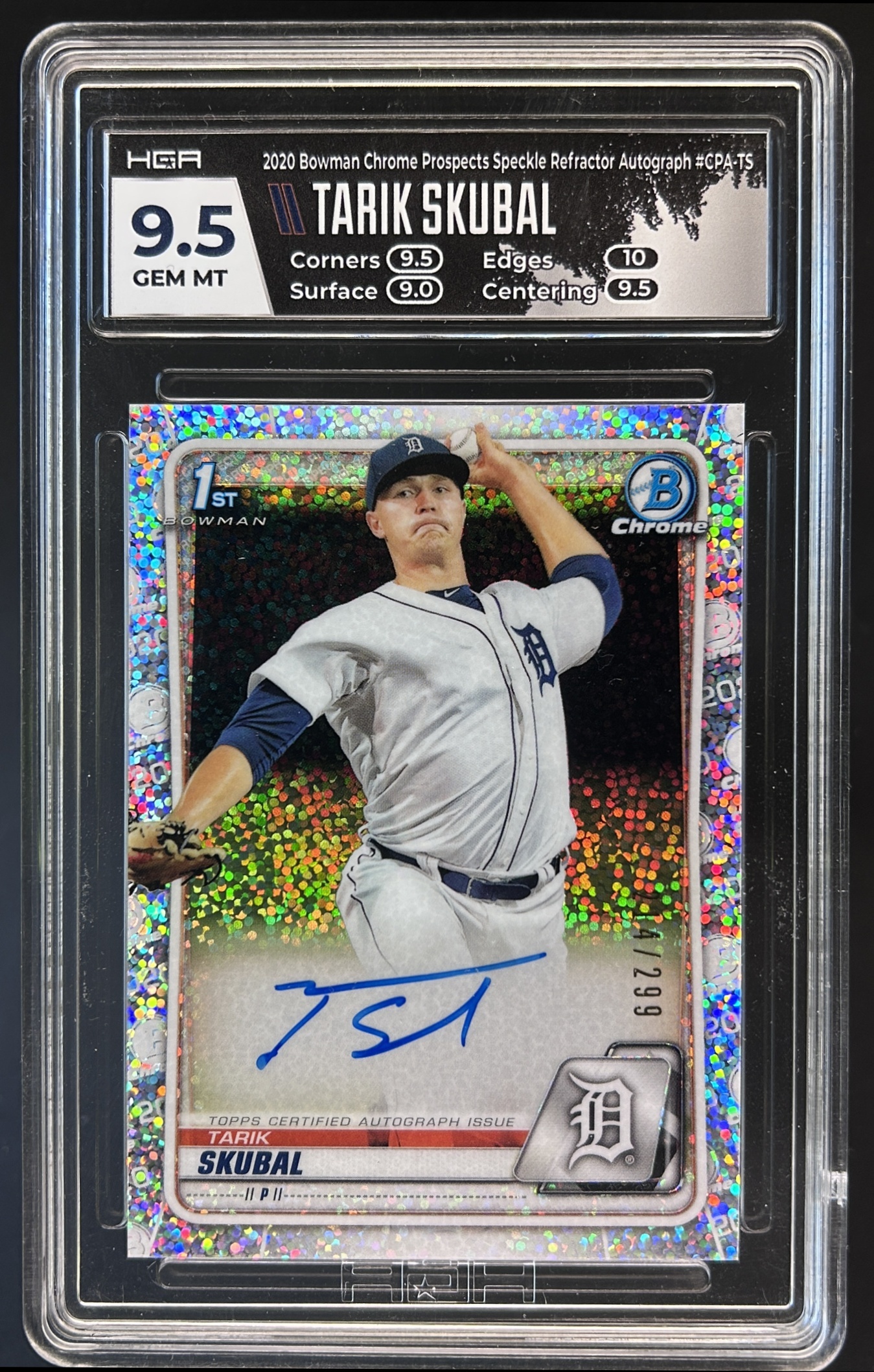 Card image for 2020 TARIK SKUBAL #CPA-TS CHROME PROSPECT AUTO SPECKLE REFRACTOR 14/299 HGA 9.5 GEM MINT 1ST BOWMAN CARD HOT!