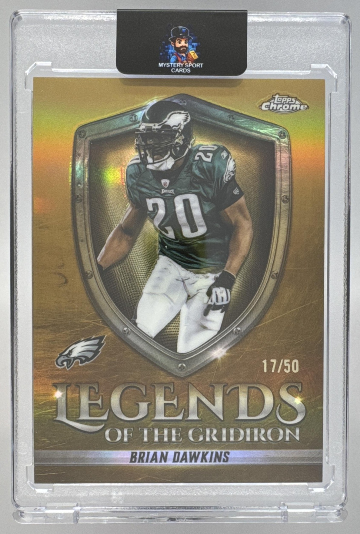 Card image for 2025 Topps Chrome Brian Dawkins Legends of the Gridiron Gold Refractor /50 #LOG-38 Eagles