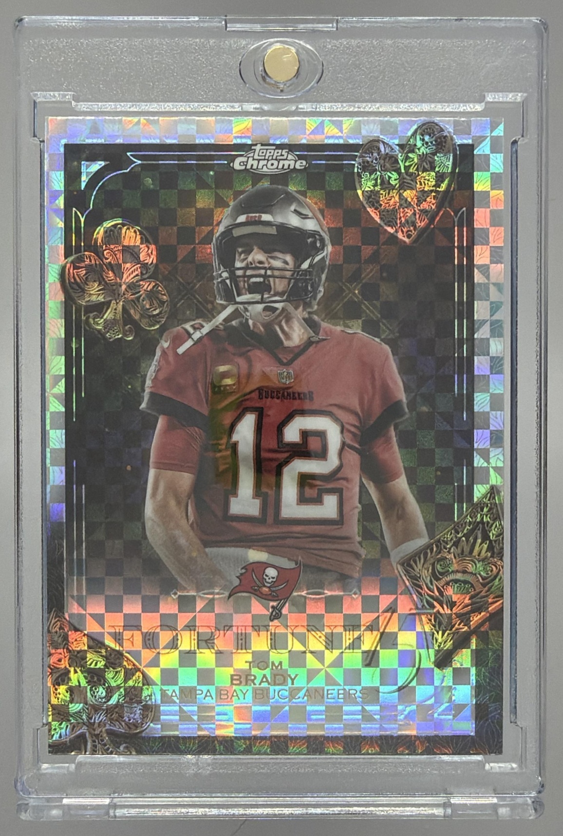 Card image for 2025 Topps Chrome Tom Brady Fortune 15 X-Fractor #F15-35 Buccaneers
