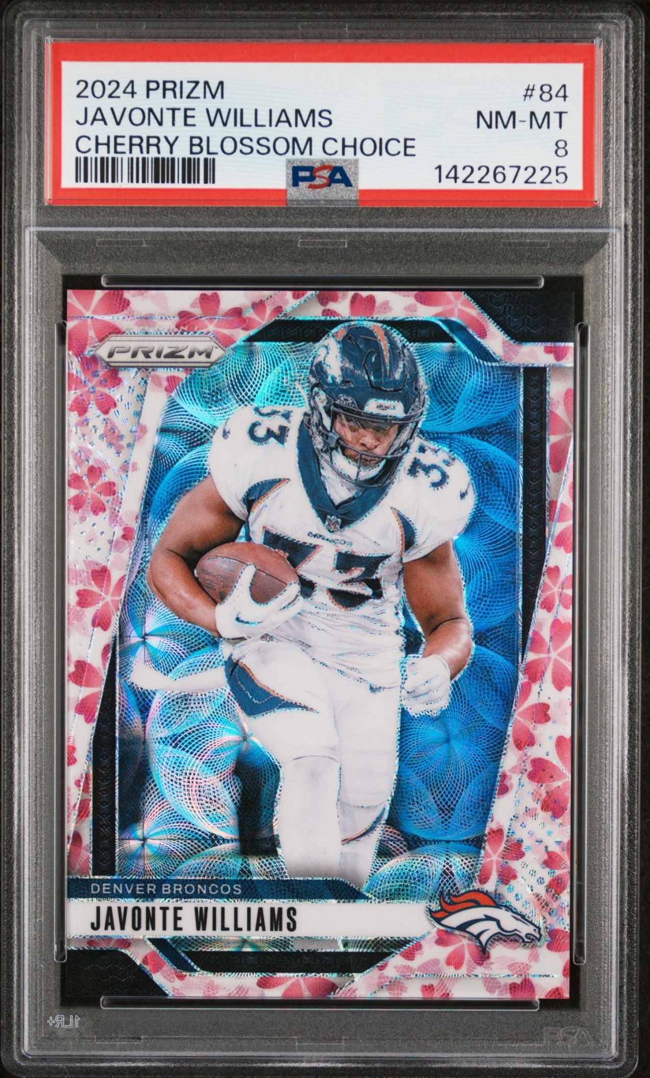 Card image for 2024 Panini Prizm Javonte Williams Choice Cherry Blossom /15 #84 Broncos