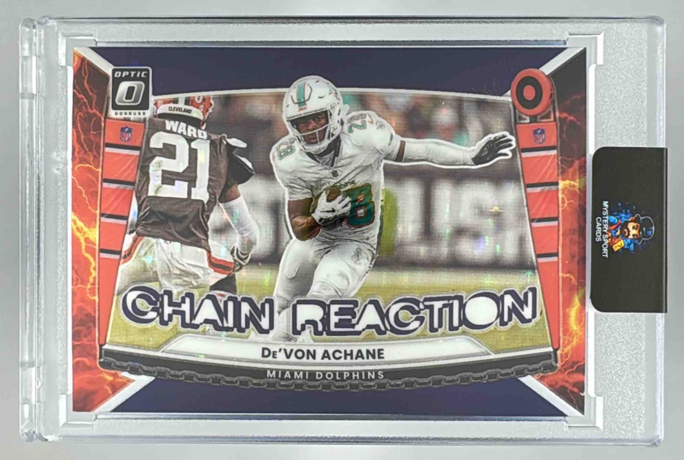 Card image for 2025 Panini Donruss Optic De'Von Achane Chain Reaction Purple Stars Prizm /25 #3 Dolphins