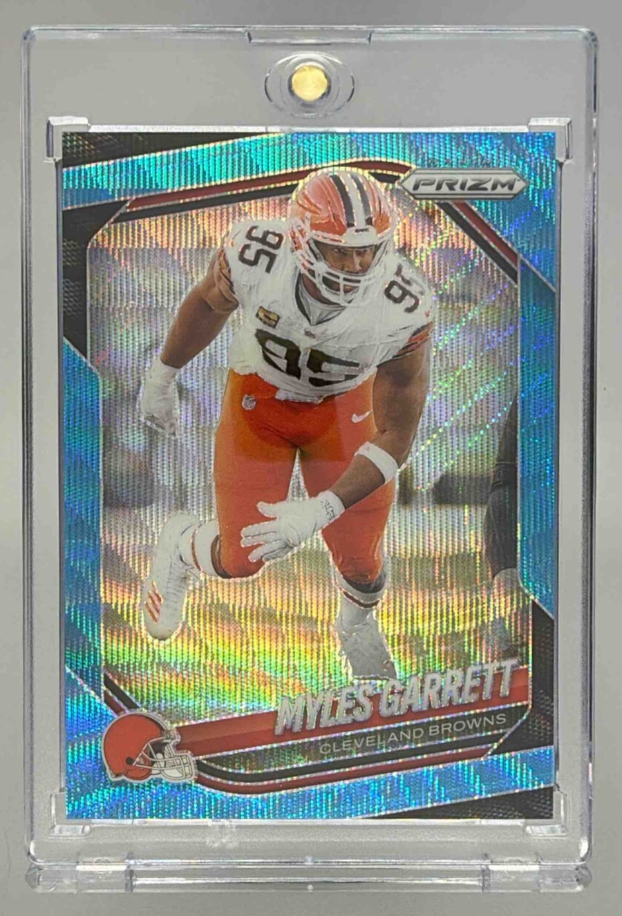 Card image for 2025 Panini Football Prizm Myles Garrett Blue Wave /230 #73 Cleveland Browns