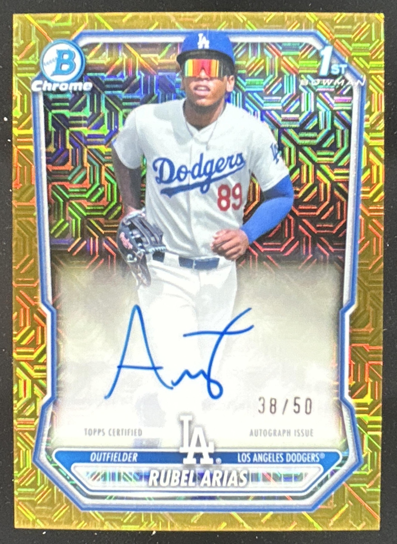 Card image for Rubel Arias 2026 Bowman Chrome Mega Box Prospects Auto Gold Mojo Refractor /50
