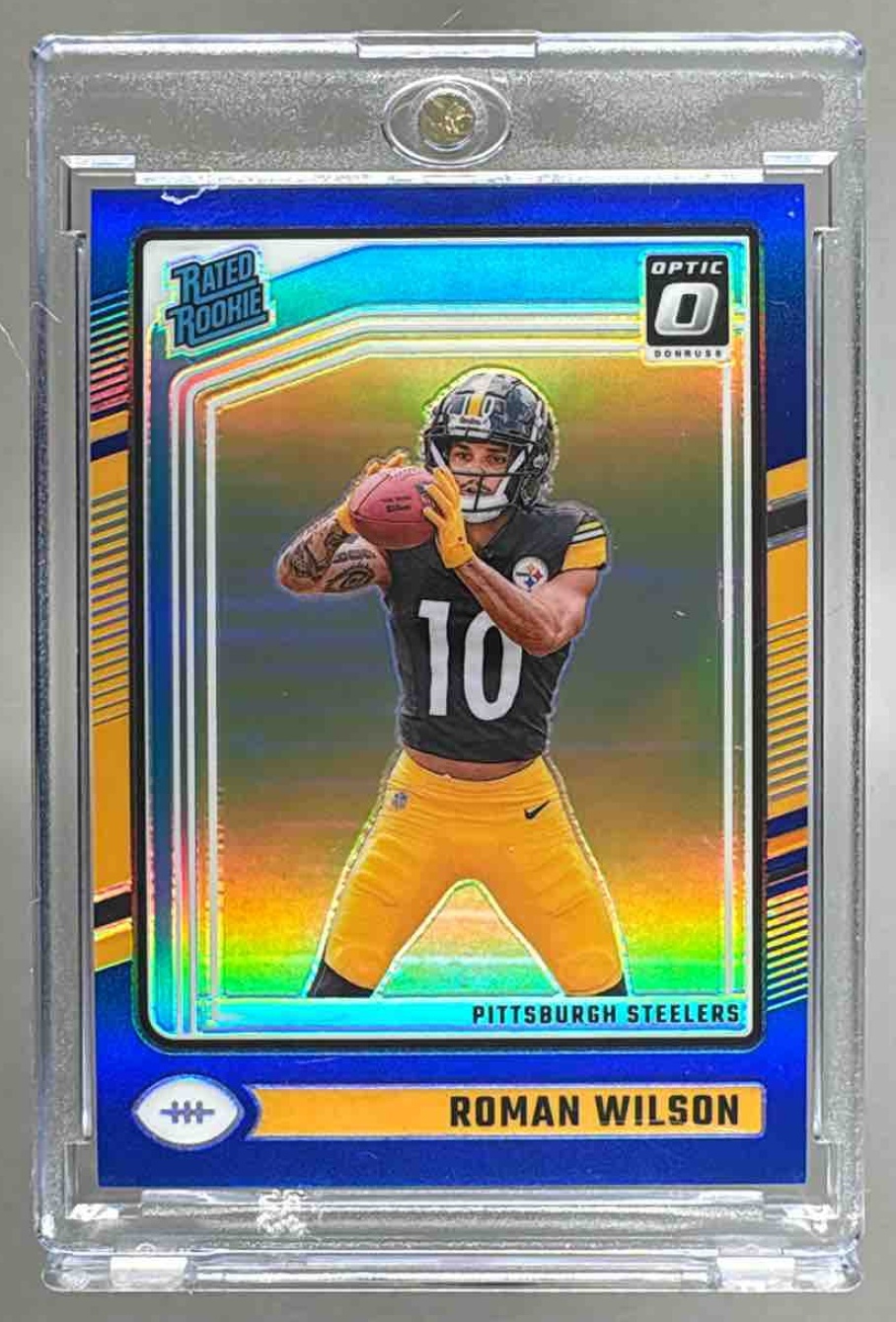 Card image for 2024 Panini Donruss Optic Roman Wilson Blue /199 #285 Rated Rookie Steelers