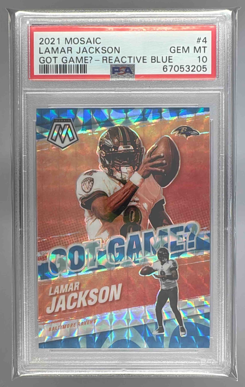 Card image for 2021 Panini Mosaic Lamar Jackson Got Game? Mosaic Reactive Blue /99 #GG-4 Ravens