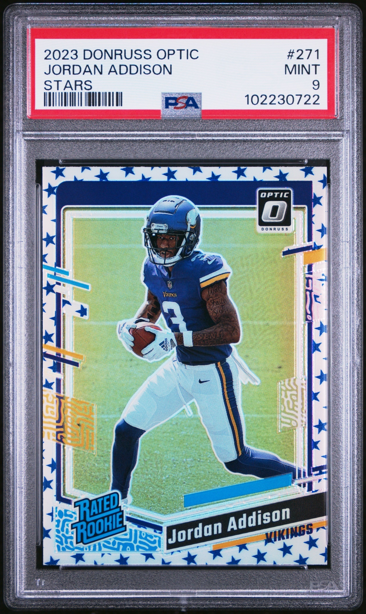 Card image for 2023 Panini Donruss Optic Jordan Addison Blue Stars Prizm #271 RC Rated Rookie Vikings