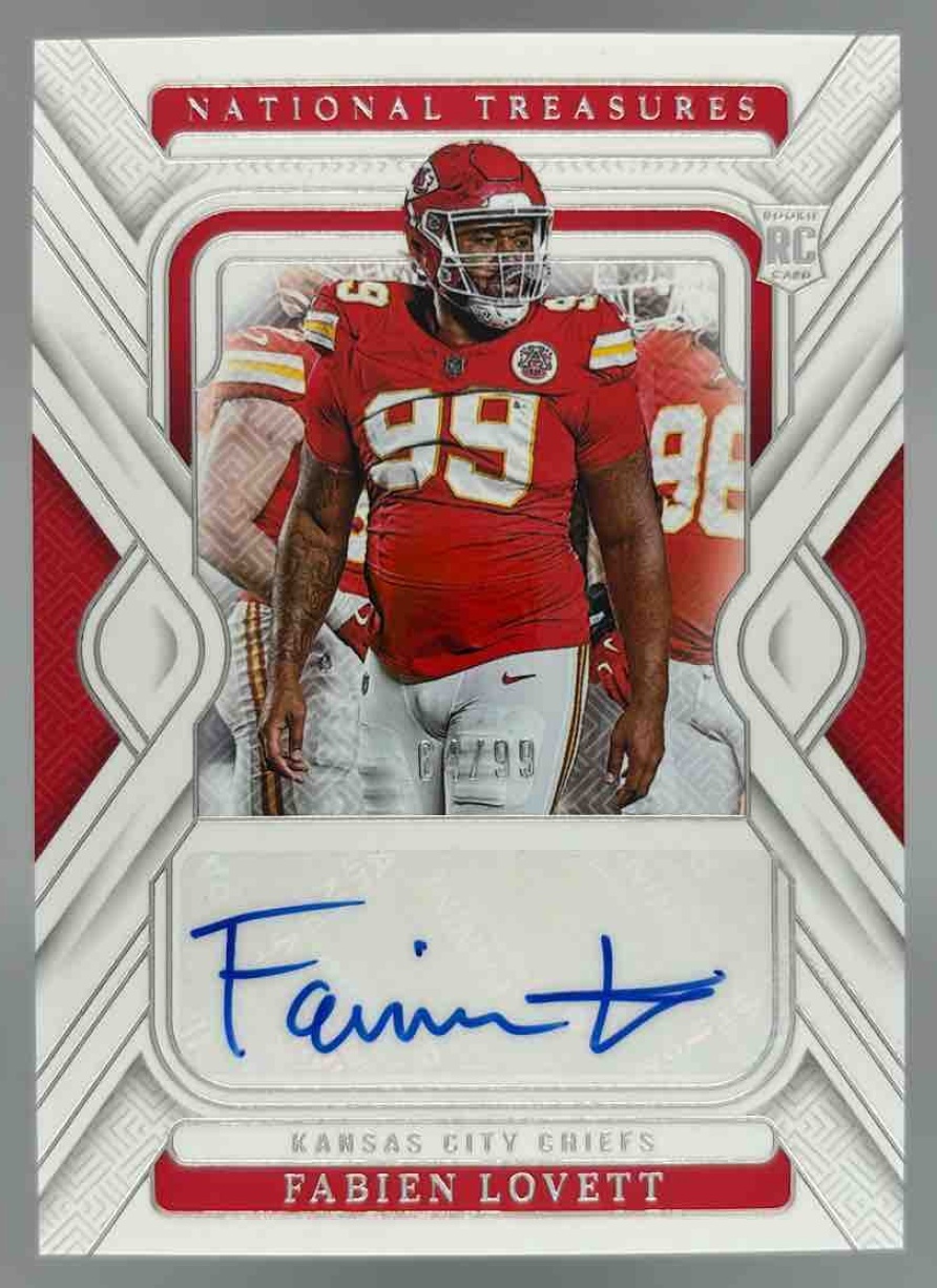 Card image for 2024 Panini National Treasures Fabien Lovett Rookie Signatures /99 #140 RC Auto Chiefs