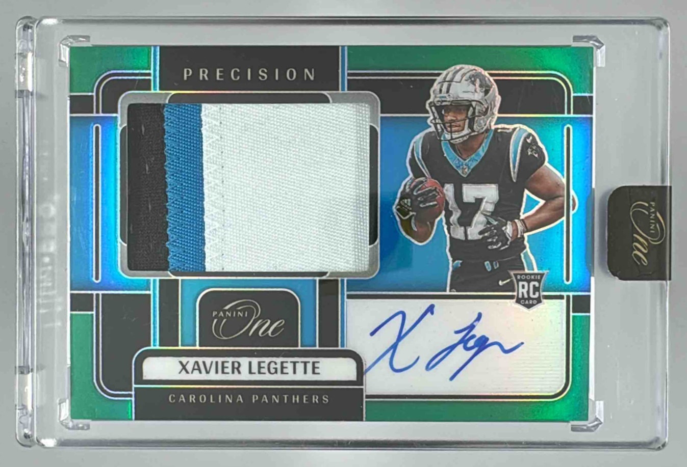 Card image for 2024 Panini One Xavier Legette Precision Rookie Patch Auto Green /40 #306 MEM RC Panthers