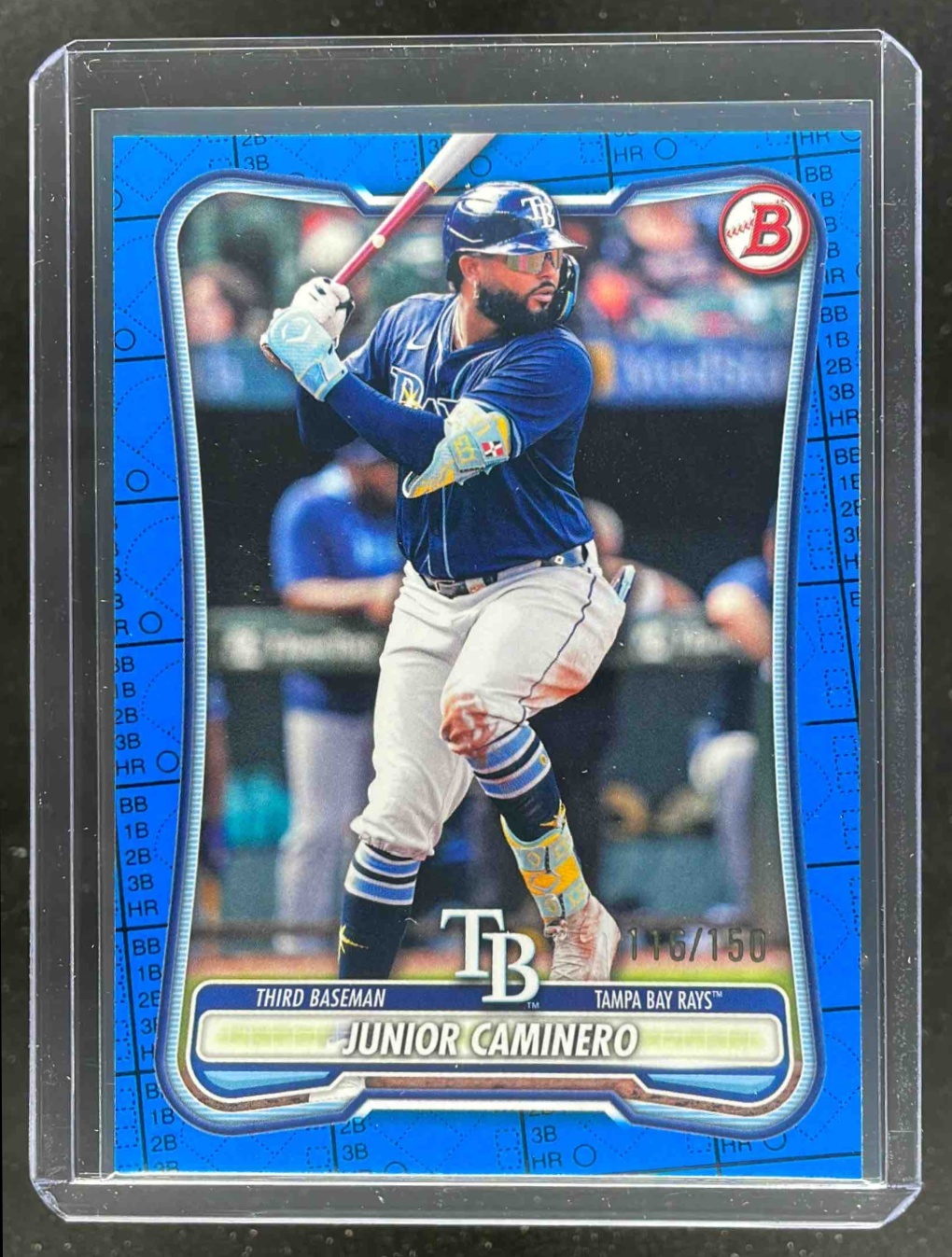 Card image for Junior Caminero 2026 Bowman Blue Pattern /150 #59 Tampa Bay Rays