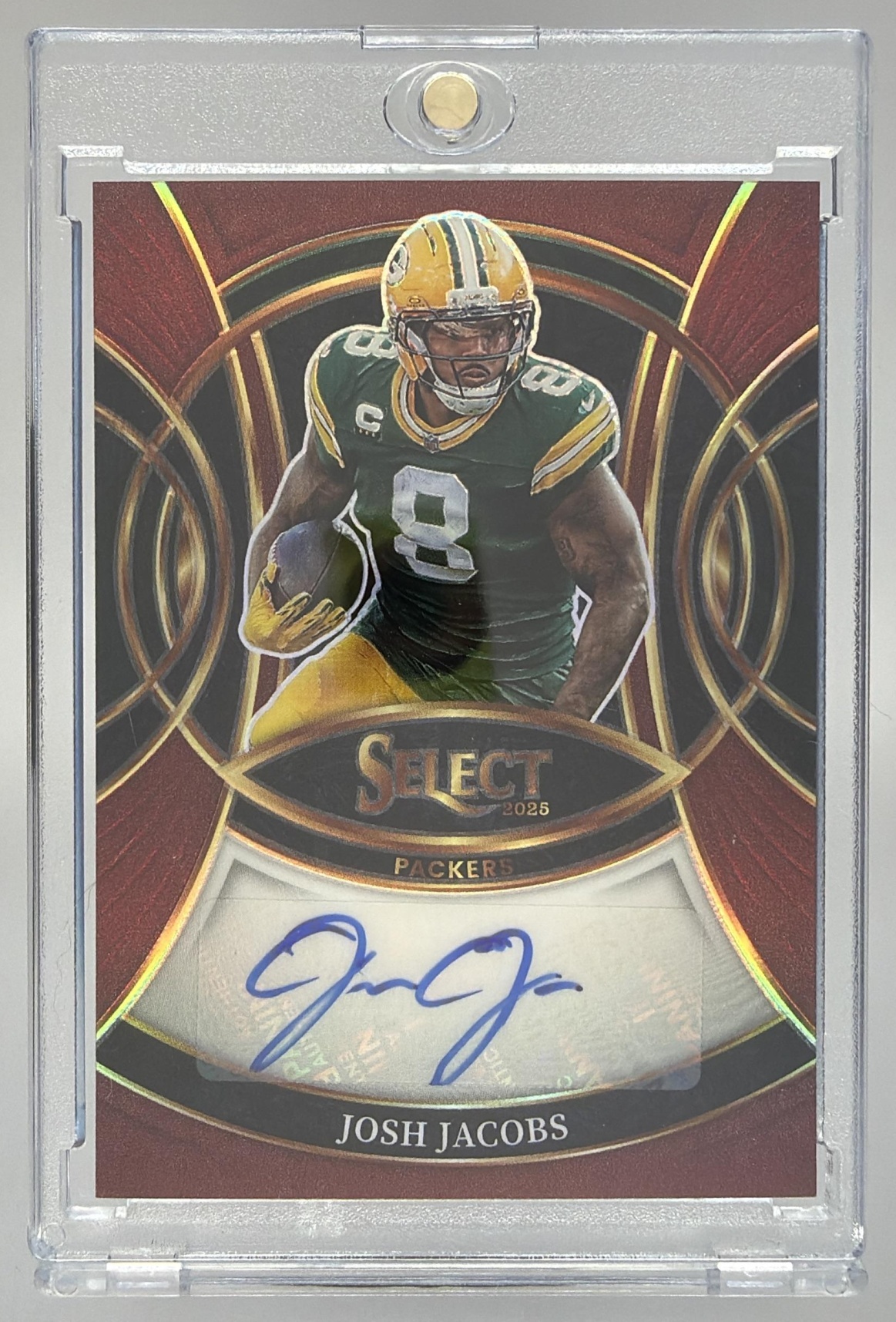 Card image for 2025 Panini Select Josh Jacobs Signatures Maroon Prizm /75 #SP-JJS Auto Packers