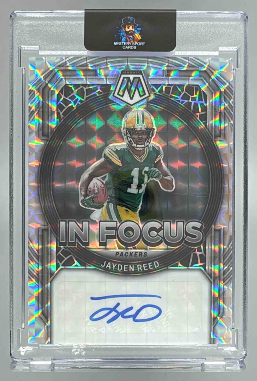Card image for 2023 Panini Mosaic Jayden Reed In Focus Signatures #IF-JR Auto RC Packers