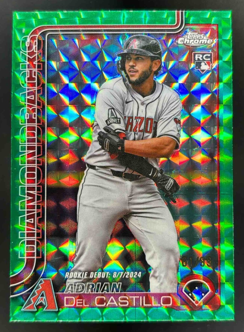 Card image for 2025 Topps Chrome Update Adrian Del Castillo Green Geometric Refractor /99 RC